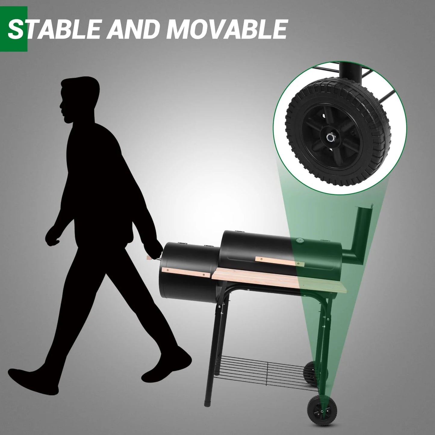 Charcoal Grill and Offset Smoker, Outdoor Patio Barbecue Cooker with Wheels, Portable Backyard BBQ Oven with Side Fire Box for Camping, Picnic, Party