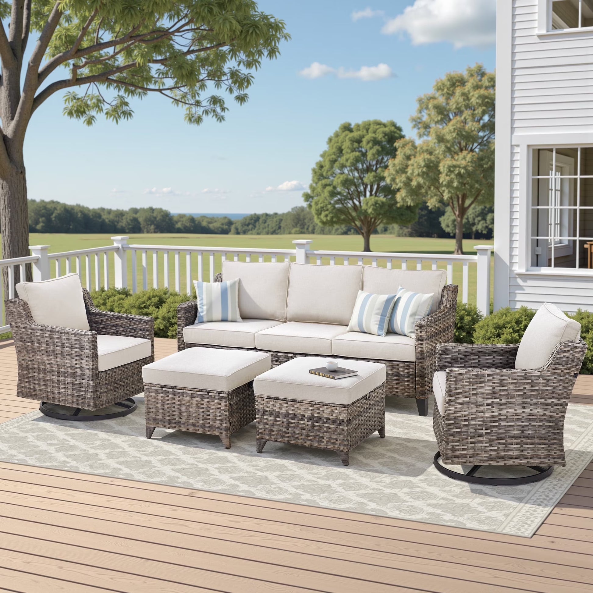 Planntonneo 5 Pieces Wicker Patio Furniture Set Deals, Outdoor Couch Set with Swivel Rocking Chairs and Ottomans for Porch Backyard Garden