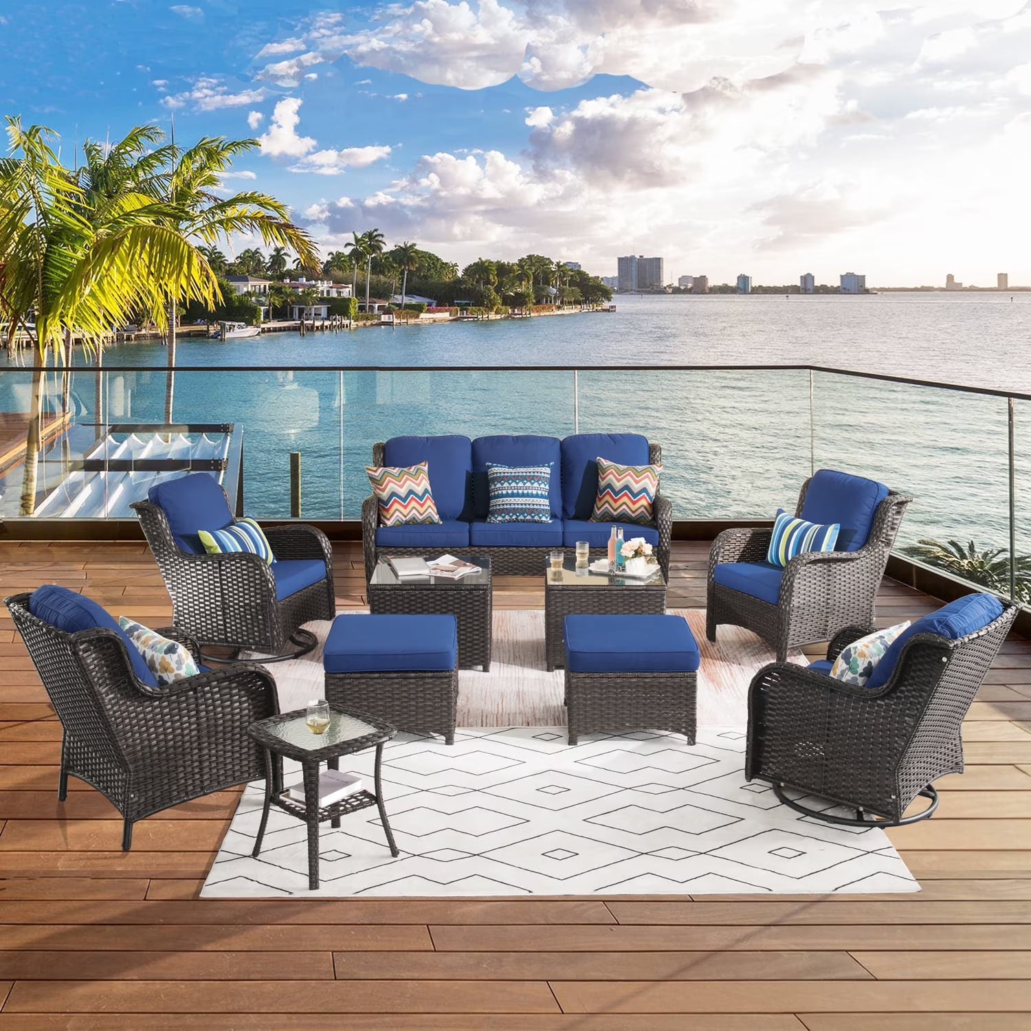 Ovios 10 Pieces Outdoor Patio Furniture Set All Weather Wicker Conversation Set Outdoor Sectional Sofa Couch with 360 Degree Swivel Rocking Chairs for Balcony