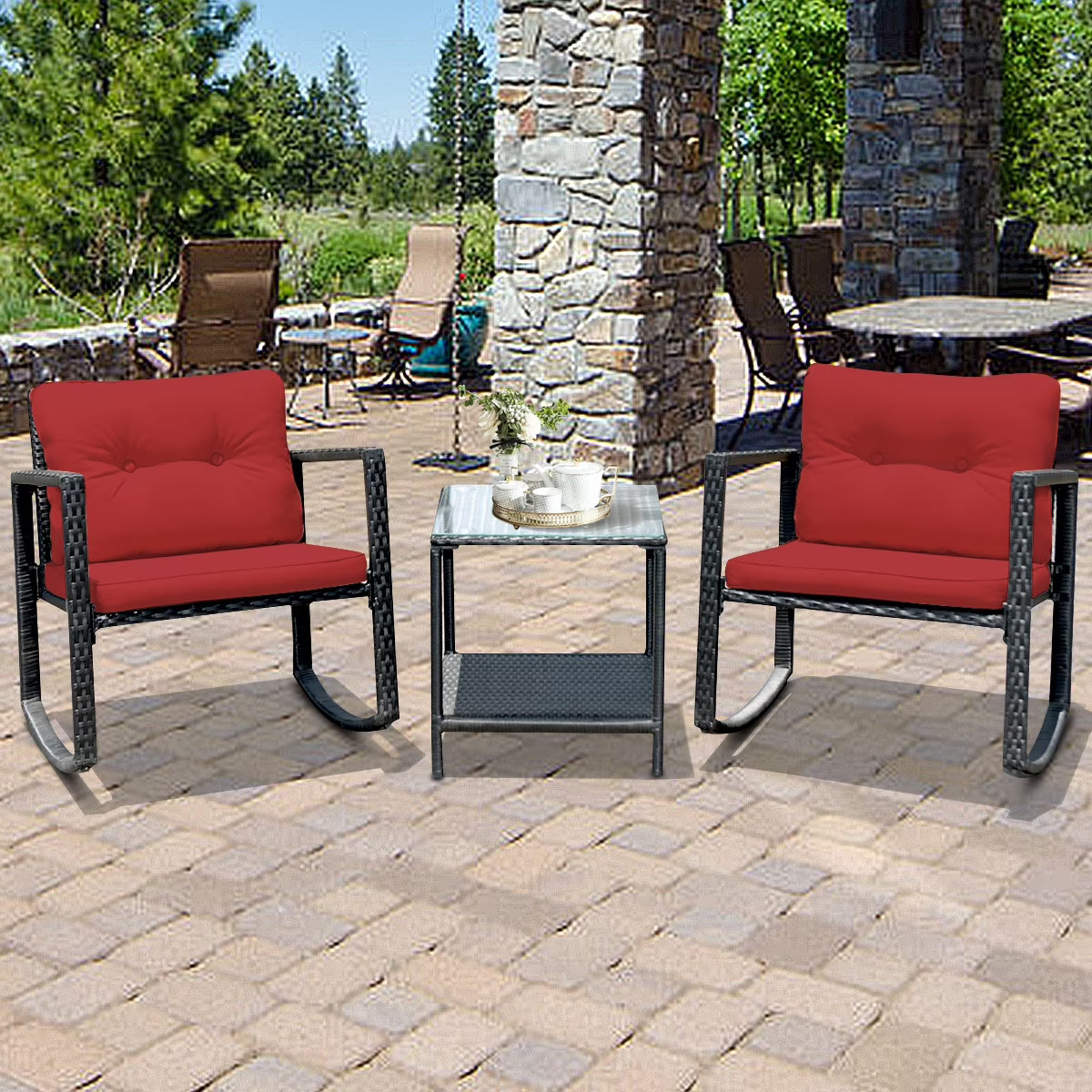 Gymax 3PCS Rattan Rocking Chair Table Set Patio Furniture Set w/Navy Cushions