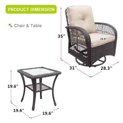 ATR ART to REAL Patio Swivel Wicker Chairs,Rattan Rocker Chairs with Side Table,Khaki