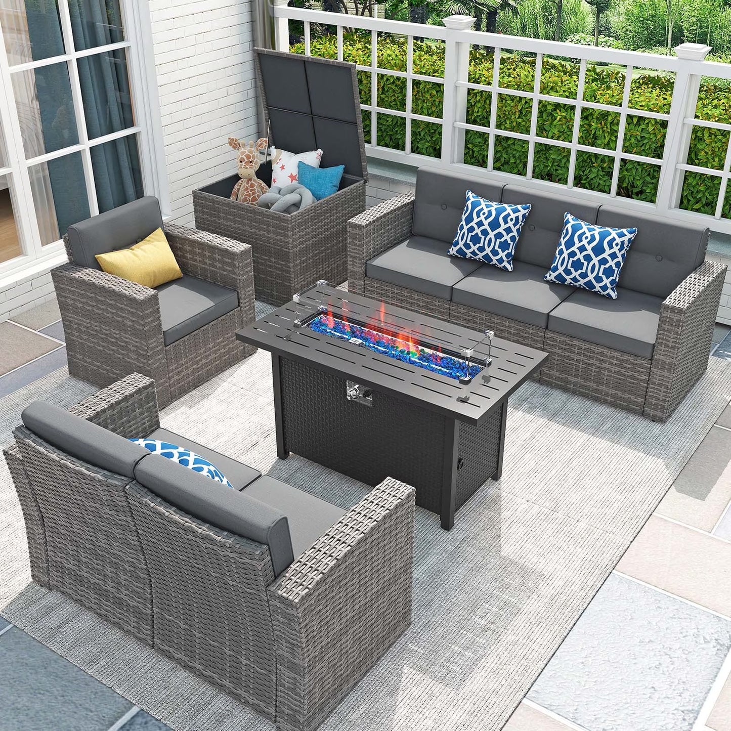 JOIVI 8 Pc Outdoor Furniture Set with Storage Box, Wicker Rattan Patio Conversation Set with Sectional Sofa Couch for 6 People, Espresso Brown