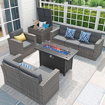 JOIVI 8 Pc Outdoor Furniture Set with Storage Box, Wicker Rattan Patio Conversation Set with Sectional Sofa Couch for 6 People, Espresso Brown