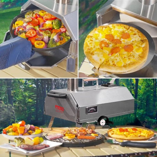 ACE-PATIO,12" Semi-Automatic Rotatable Outdoor Pizza Ovens,Stainless Steel Portable Wood Fired,Outdoor Cooking Pizza Maker with Timer,Built-in Thermometer,Pizza Cutter & Carry Bag(Silver)
