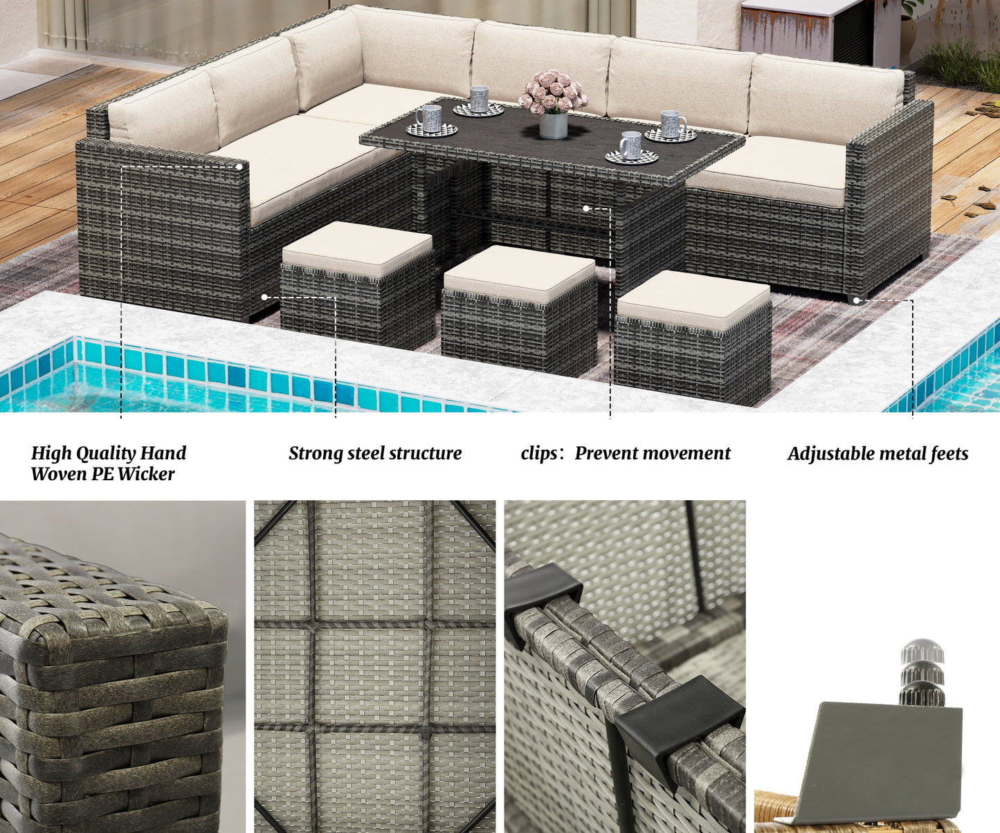 Bifanuo 7 Piece Patio Furniture Set, Outdoor Furniture Patio Sectional Sofa, All Weather PE Rattan Outdoor Sectional with Beige Cushions and Table, Black Wicker