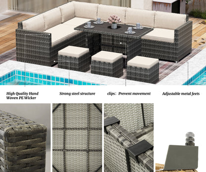 Bifanuo 7 Piece Patio Furniture Set, Outdoor Furniture Patio Sectional Sofa, All Weather PE Rattan Outdoor Sectional with Beige Cushions and Table, Black Wicker