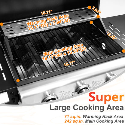 Segmart 3 Burner BBQ Propane Gas Grill, Stainless Steel 30,000 BTU Patio Garden Barbecue Grill with Folding Side Tables, Hanging Basket & Thermometer, Perfect for Camping, Outdoor Cooking