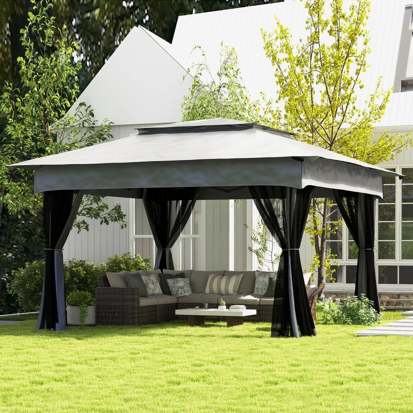 Outsunny 11' x 11' Pop Up Canopy, Outdoor Patio Gazebo Shelter with Removable Zipper Netting, Instant Event Tent w/114 Square Feet of Shade and Carry Bag for Backyard, Garden, Light Gray On-Site