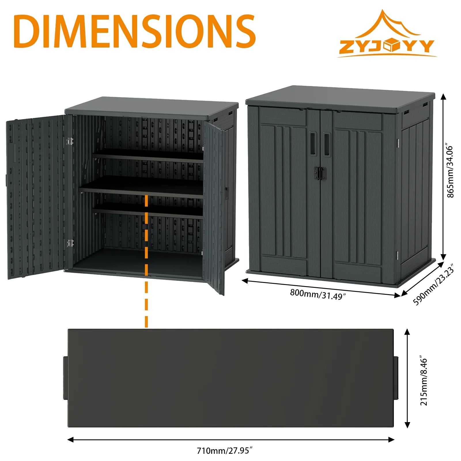 ZYJOYY 15 Cu.Ft Resin Outdoor Storage Shed with Floor & 2 Shelves, Lockable Waterproof Backyard Horizontal Cabinet for Patio, Garden Tools & Equipment,Sage Grey