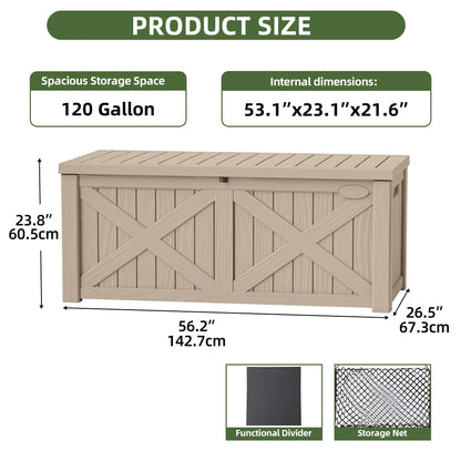 Uforic Outdoor 120 Gallon Large Resin Deck Box, Outdoor Storage Boxes with X-Shaped Front, for Patio Garden, Waterproof & Lockable, Light Brown