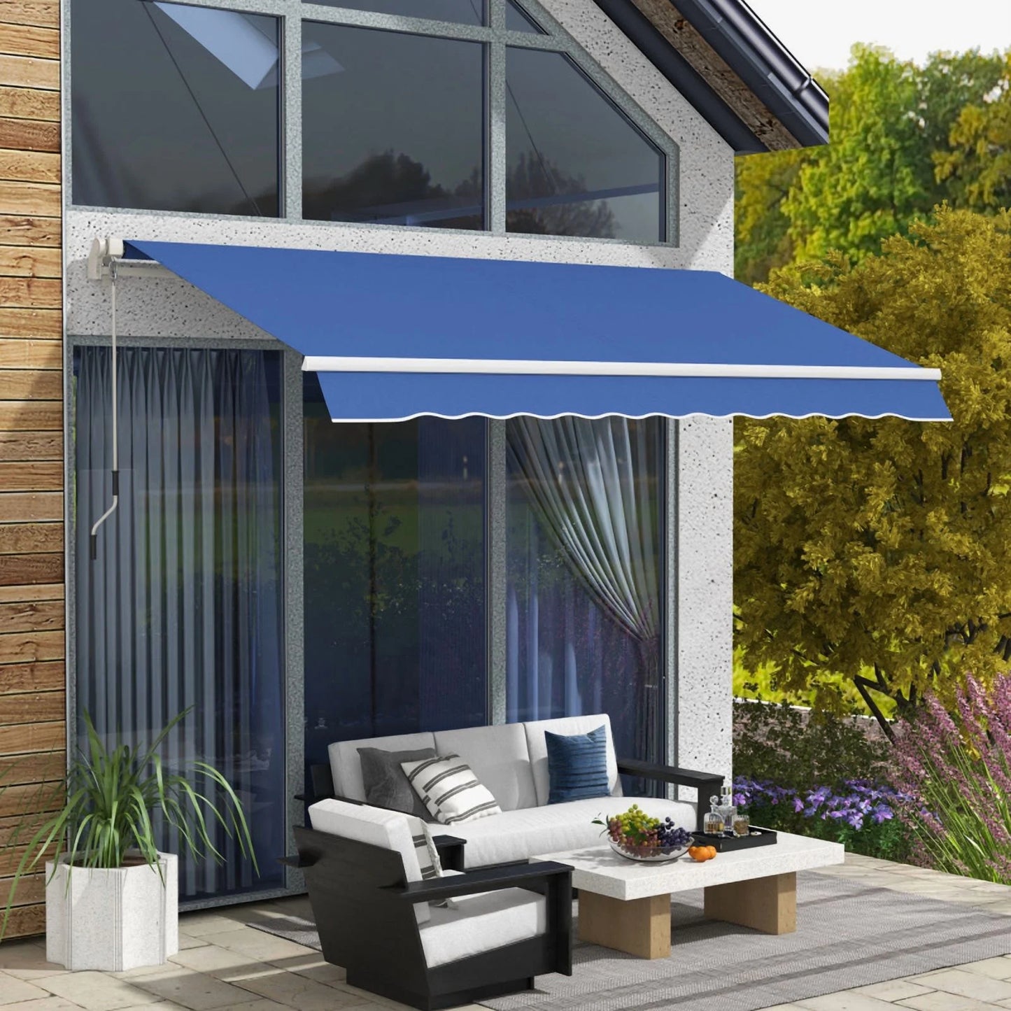 Outsunny 12' x 10' Retractable Awning Patio Awnings Sun Shade Shelter with Manual Crank Handle, 280g/m2 UV & Water-Resistant Fabric and Aluminum Frame for Deck, Balcony, Yard, Dark Blue On-Site
