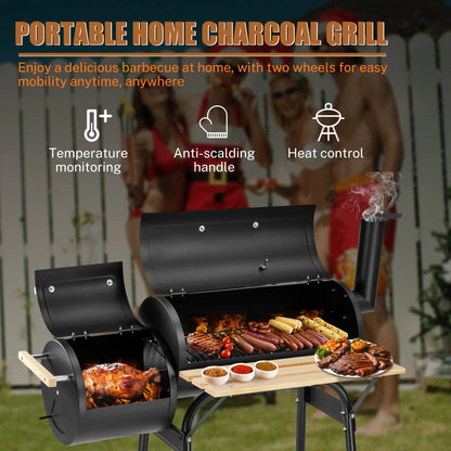 Sesslife 44" Portable Charcoal Grill, with Offset Smoker, Wood Shelf, Thermometer, Wheels, Charcoal BBQ Grill for Outdoor Picnic, Patio, Backyard, Camping, JA1170