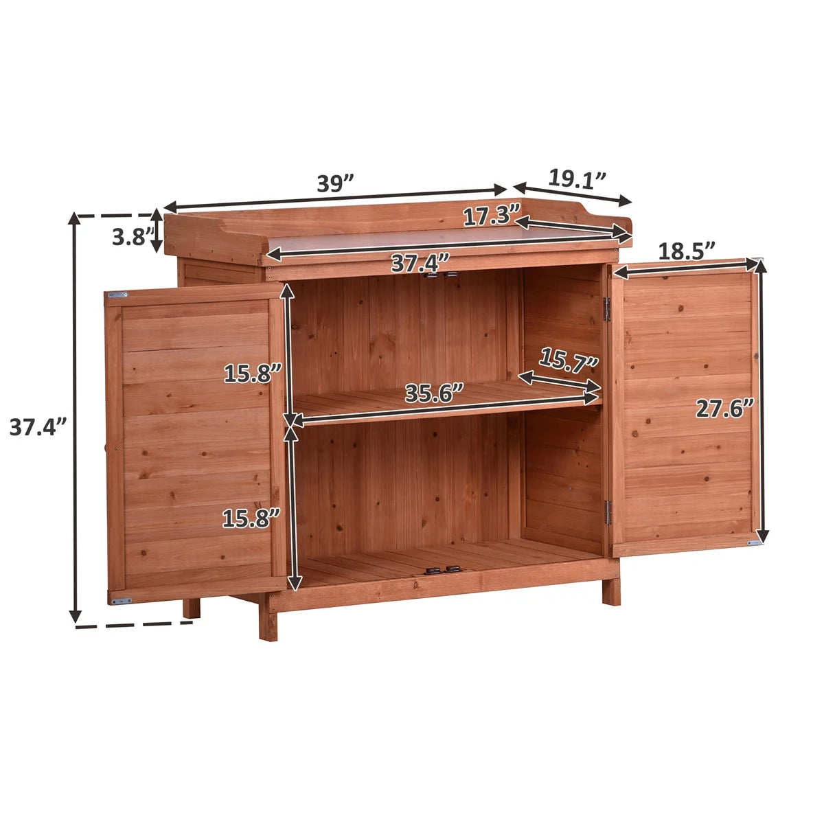 Potting Bench Table, Wooden Patio Workstation Storage Cabinet Garden Shed with 2-Tier Shelves & Side Hook, Outdoor Potting Bench Work Bench for Backyard Courtyards, 39''Lx19.1''Wx37.4''H, Orange