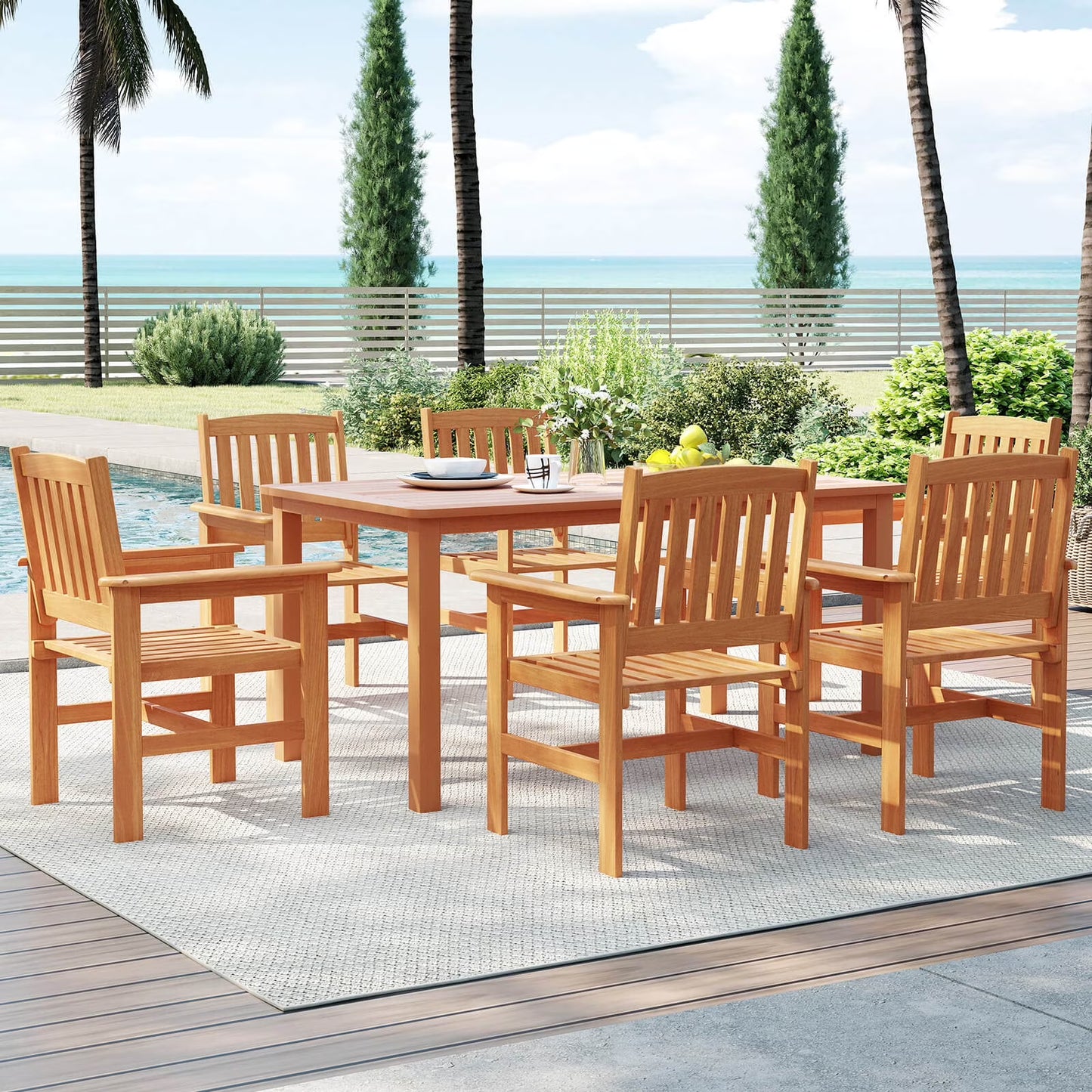Costway 7 PCS Patio Wood Dining Table Set with 2? Umbrella Hole Outside Furniture Set