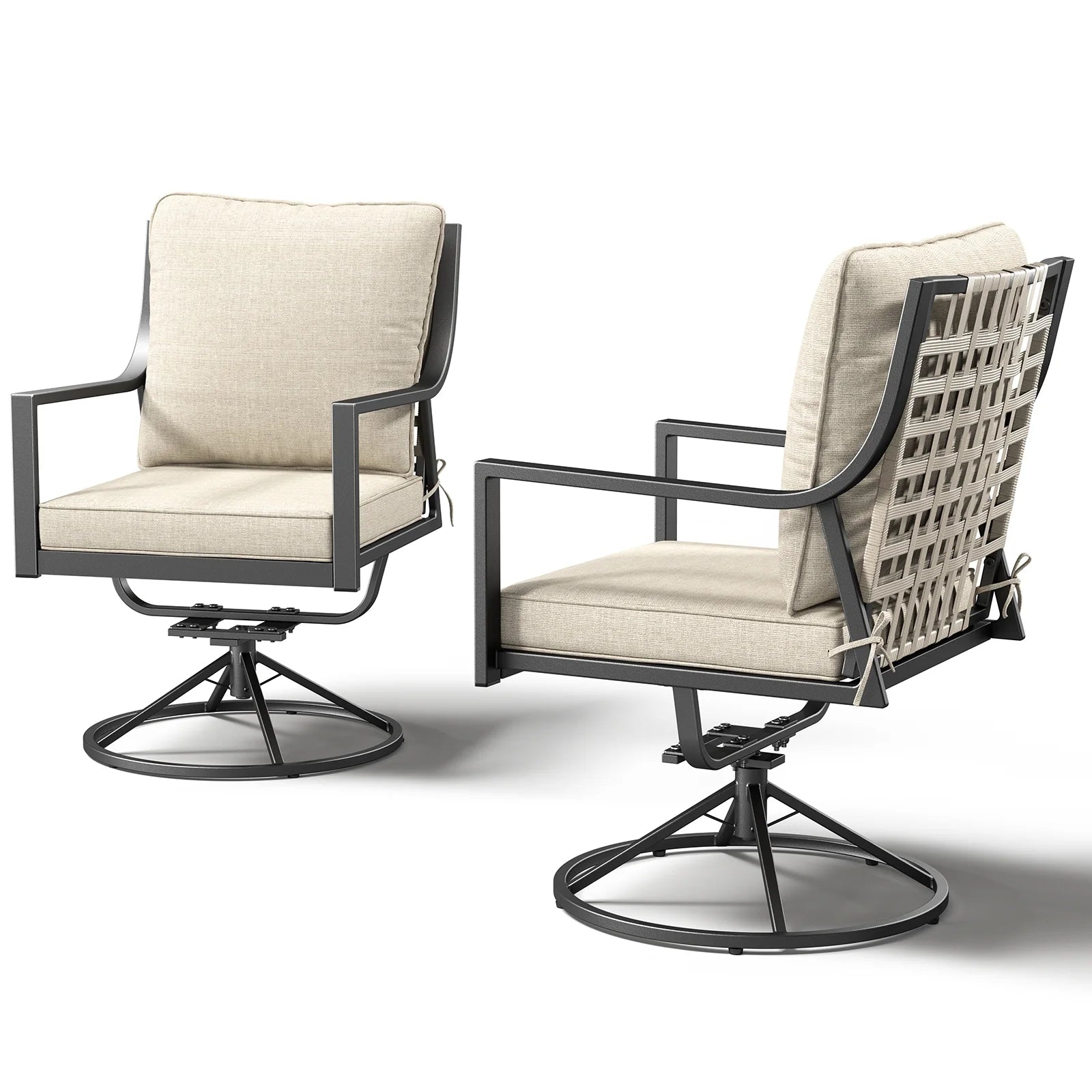 OPOHORO Swivel Rocker Patio Chairs Set of 4, Outdoor PE Wicker Dining Chairs with Beige Olefin Cushions and Gray Metal Frame, 360° Swivel & Rocking Motion for Garden Deck Porch