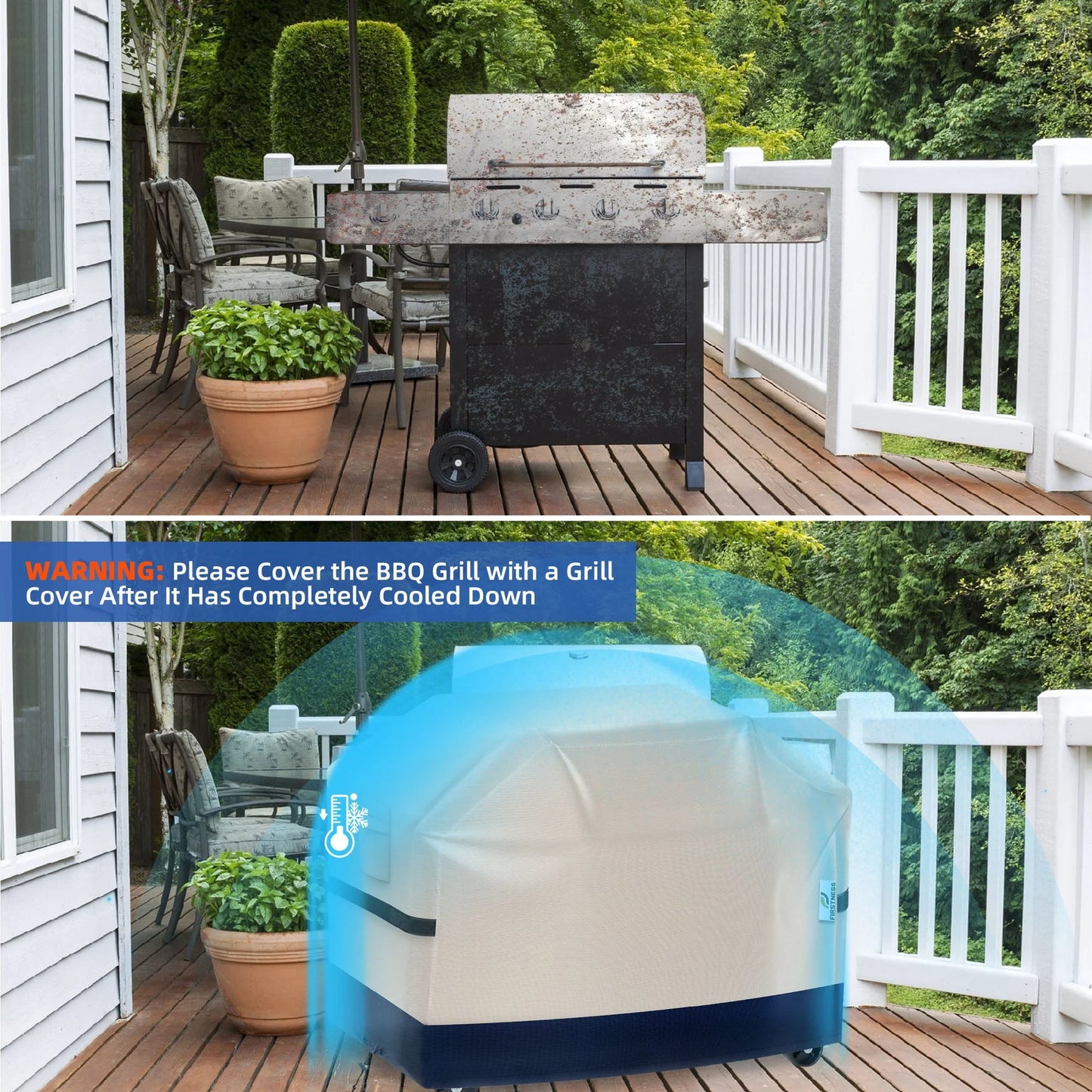 Firstness Patio BBQ Grill Covers 58 inch,600D Heavy-Duty Waterproof Outdoor Gas Grill Cover for Weber Char-Broil Nexgrill and More Grills,58" x 26" x 41"( Beige & Navy)