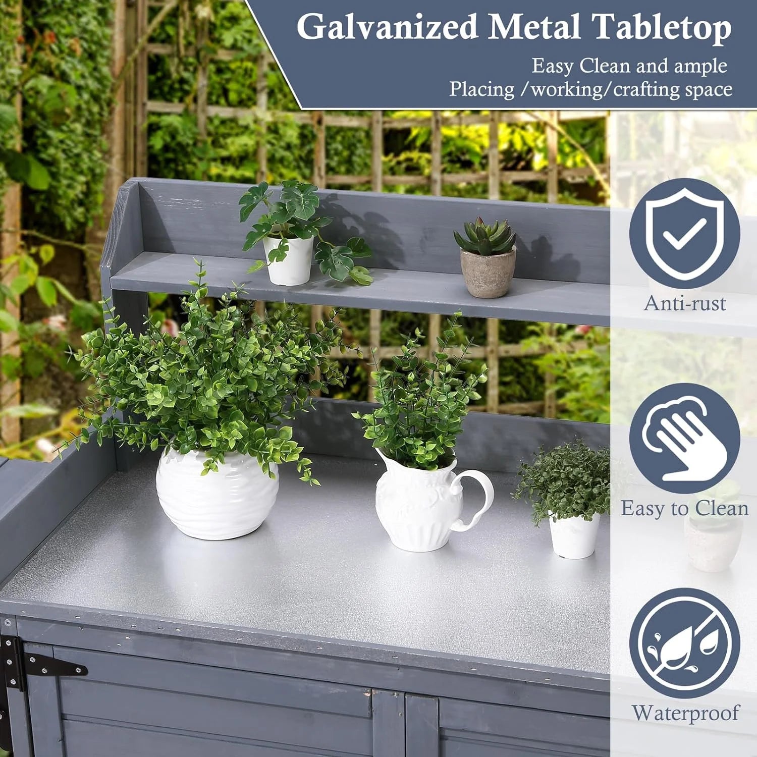 Litake Outdoor Potting Bench Table Storage Cabinet, Wooden Planting Workstation with Storage Shelf & Galvanized Tabletop, Planting Table Garden Work Bench with Cover for Garden, Patio, Greenhouse