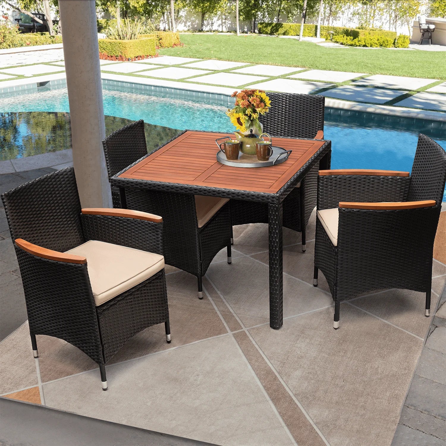 Lacoo 5pcs Outdoor Patio Dining Set,Curved Wood Armrest Chairs with Cushions