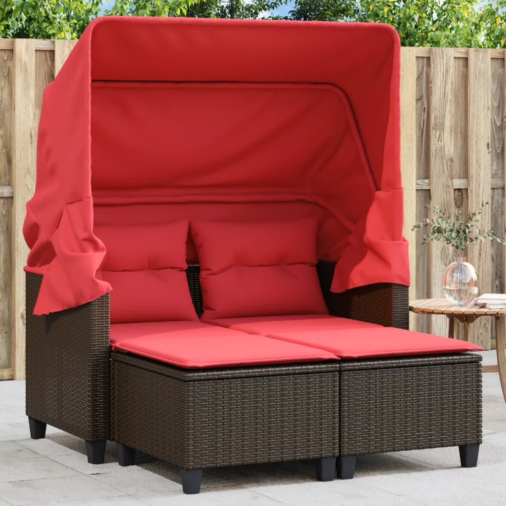 vidaXL Patio Sofa 2-Seater with Canopy and Stools Black Poly Rattan