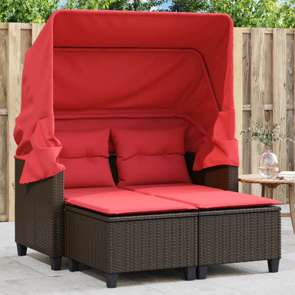 vidaXL Patio Sofa 2-Seater with Canopy and Stools Black Poly Rattan
