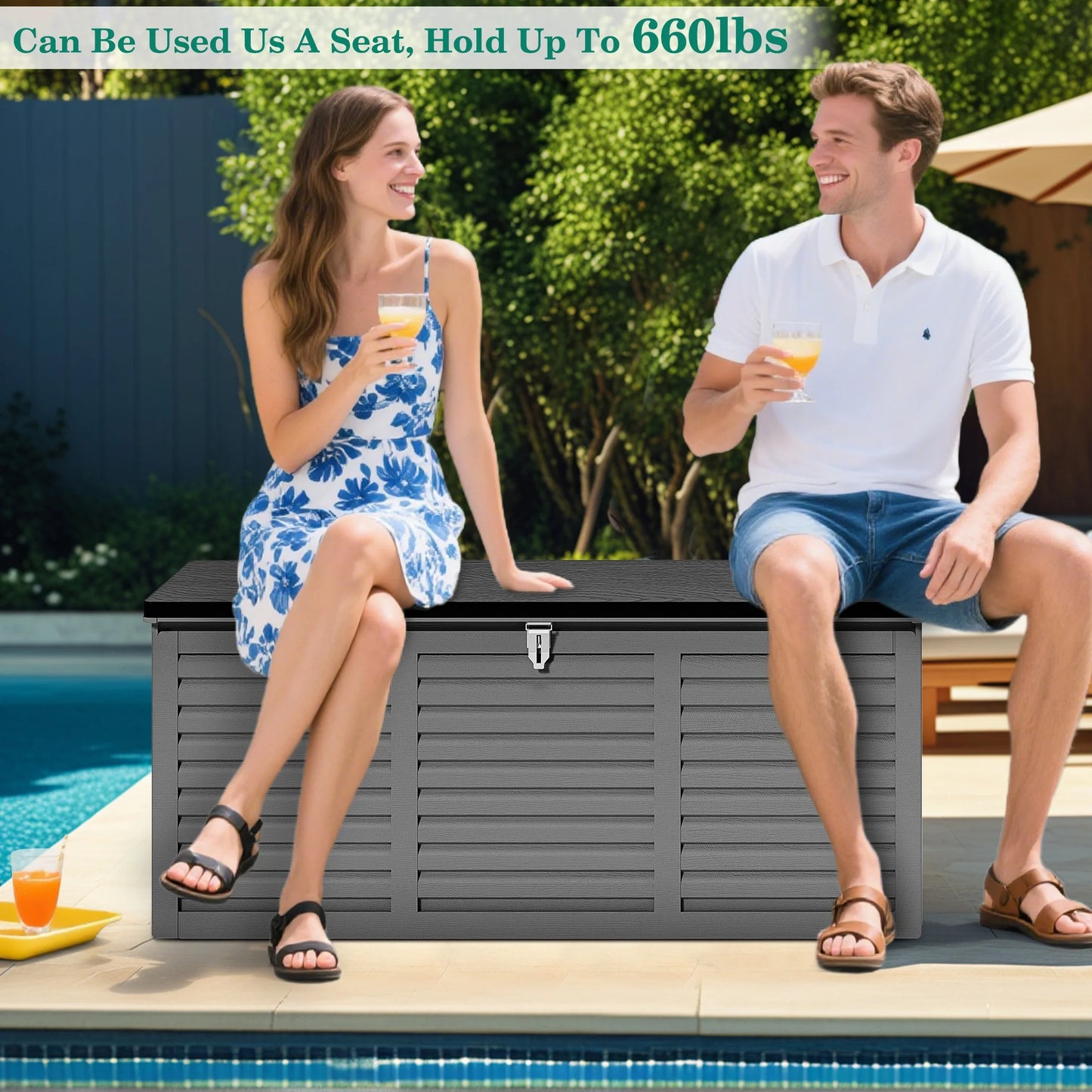 130 Gallon Resin Deck Box, Outdoor Lockable Storage Container for Patio Cushions, Garden Tools, Pool Supplies, Toys, Waterproof and UV Resistant, Reinforced Rib Design, Gray