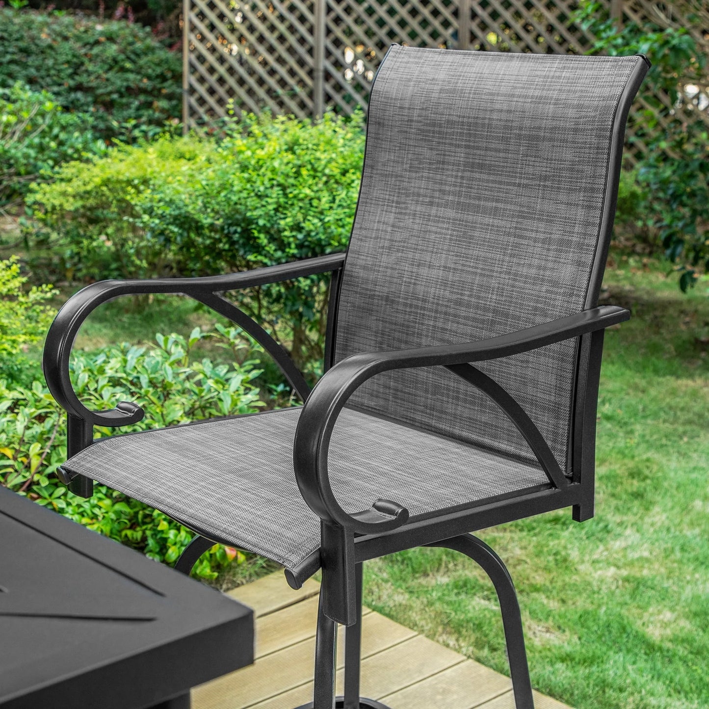 Summit Living 5-Piece Outdoor Patio Swivel Bar Stool Dining Set with 4 High-back Textilene Chairs with Armrest&1 Bistro Bar Table,Black& Grey