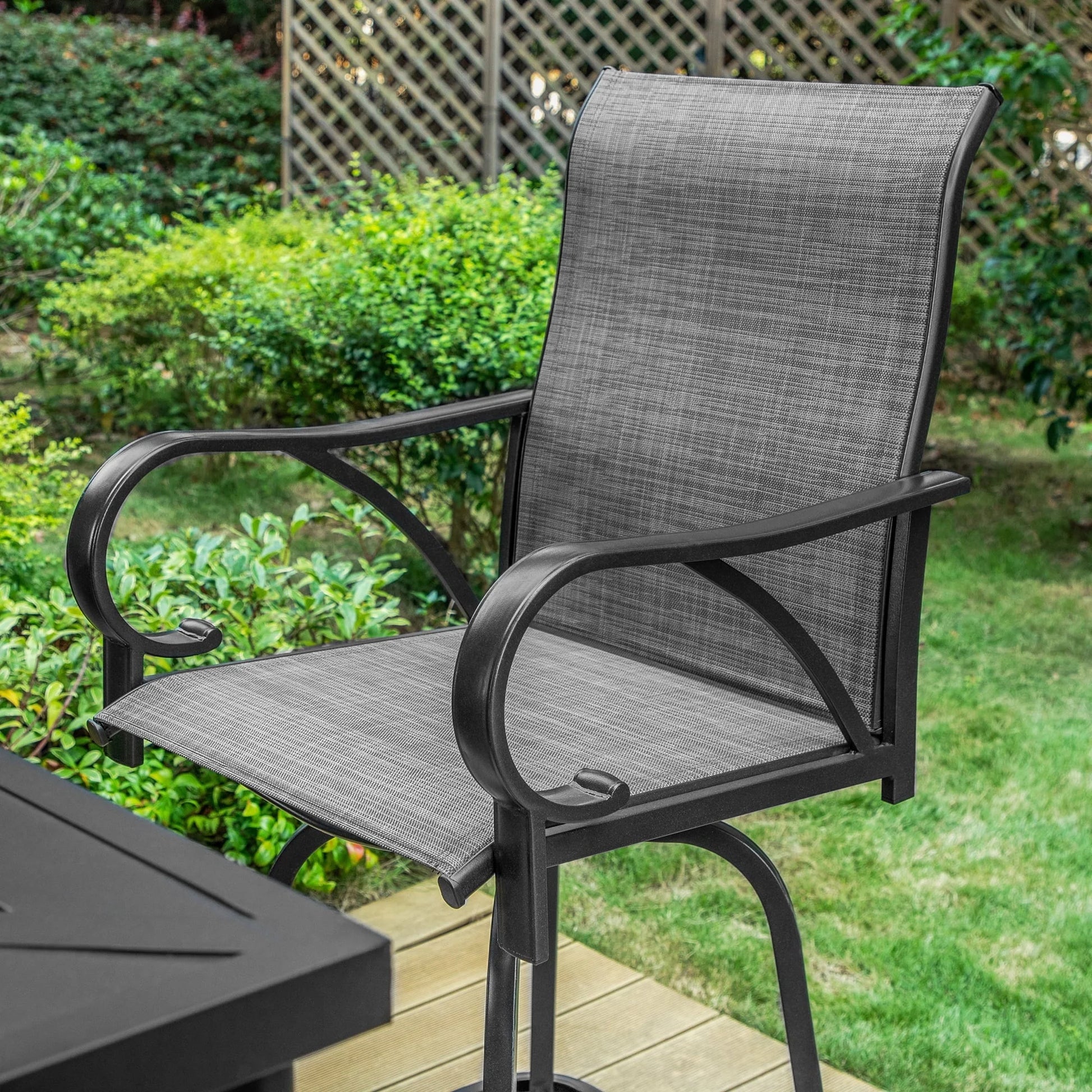 Summit Living 5-Piece Outdoor Patio Swivel Bar Stool Dining Set with 4 High-back Textilene Chairs with Armrest&1 Bistro Bar Table,Black& Grey