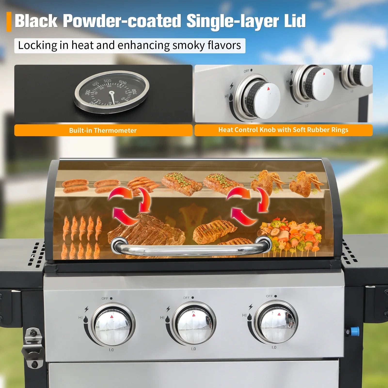 CIG GARDEN 3-Burner Propane Gas Grill,Outdoor Barbecue Grill with Side Tables and Wire Enamel Cooking Grids,31,500 BTU Output Stainless Steel Grill for Patio Garden Camping Backyard BBQ