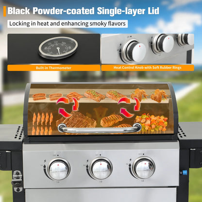 CIG GARDEN 3-Burner Propane Gas Grill,Outdoor Barbecue Grill with Side Tables and Wire Enamel Cooking Grids,31,500 BTU Output Stainless Steel Grill for Patio Garden Camping Backyard BBQ