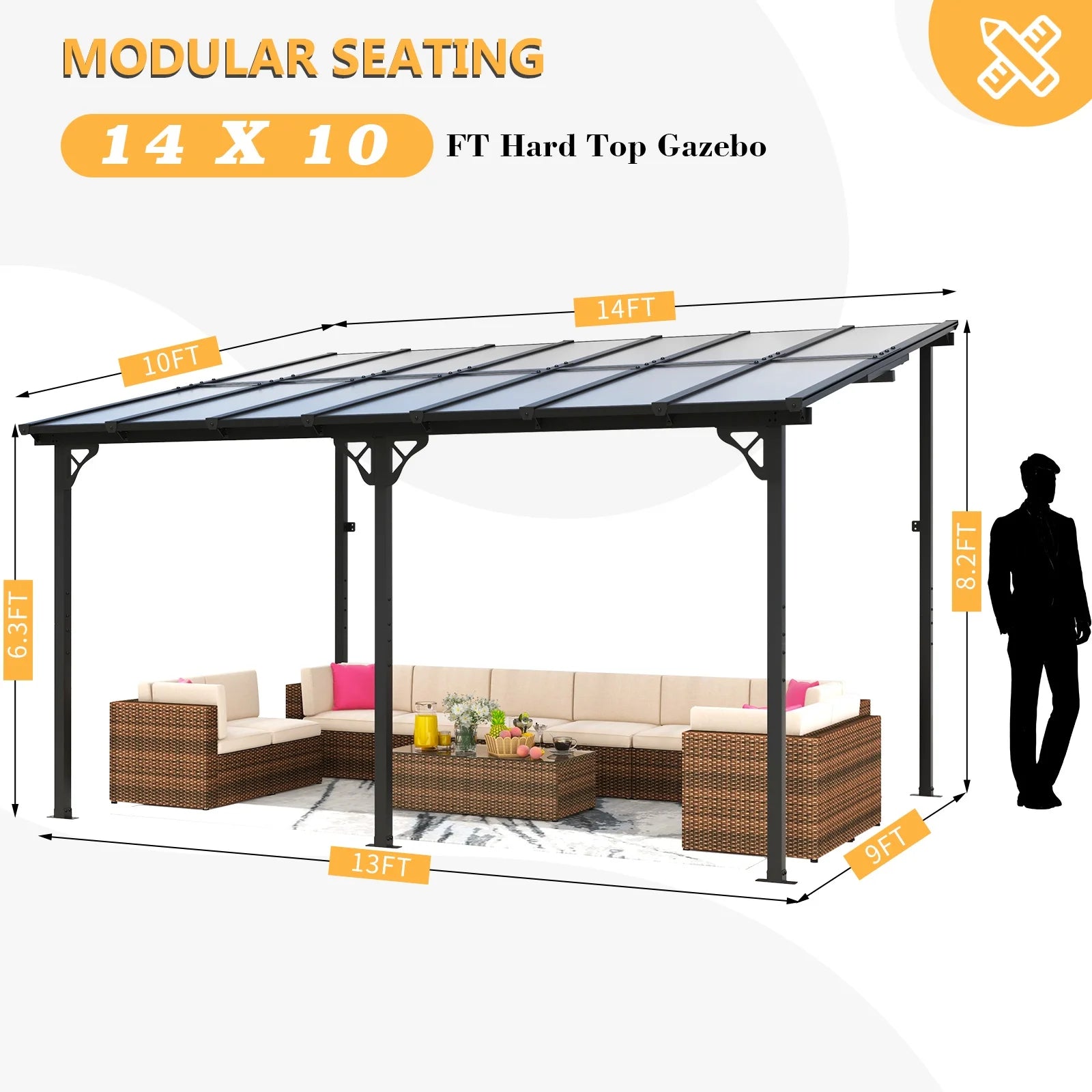 JolyDale 10?x 14? Hardtop Gazebo, Outdoor Wall-mounted Pergola for Garden, Patio, Backyard, Gray