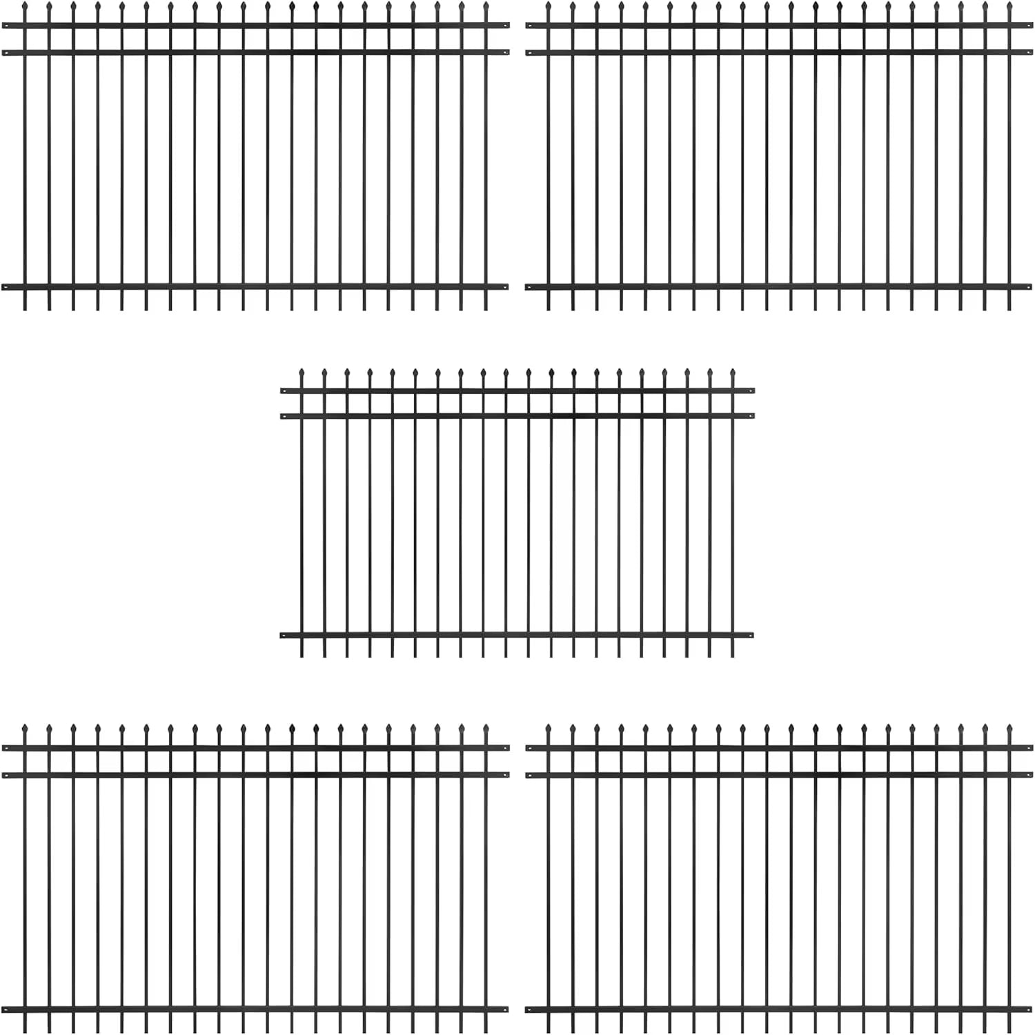 Fencer Wire Pack of 5 Heavy Duty Pinnacle Fence Barrier Panel, 5FT Height X 8FT Width Anti-Rust Metal Fencing Panel, 2 in. Diameter Steel Outdoor Decorative Garden Fence Panel for Yard, Pool, Patio