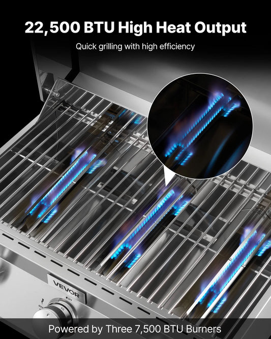 VEVOR Tabletop Gas Grill, 3-Burner Stainless Steel Portable Propane Grill, with Built-in Thermometer, Travel Locks, Weatherproof Lid, 22,500 BTU Total, for Outdoor Cooking,Patio,Party,Camping,RV