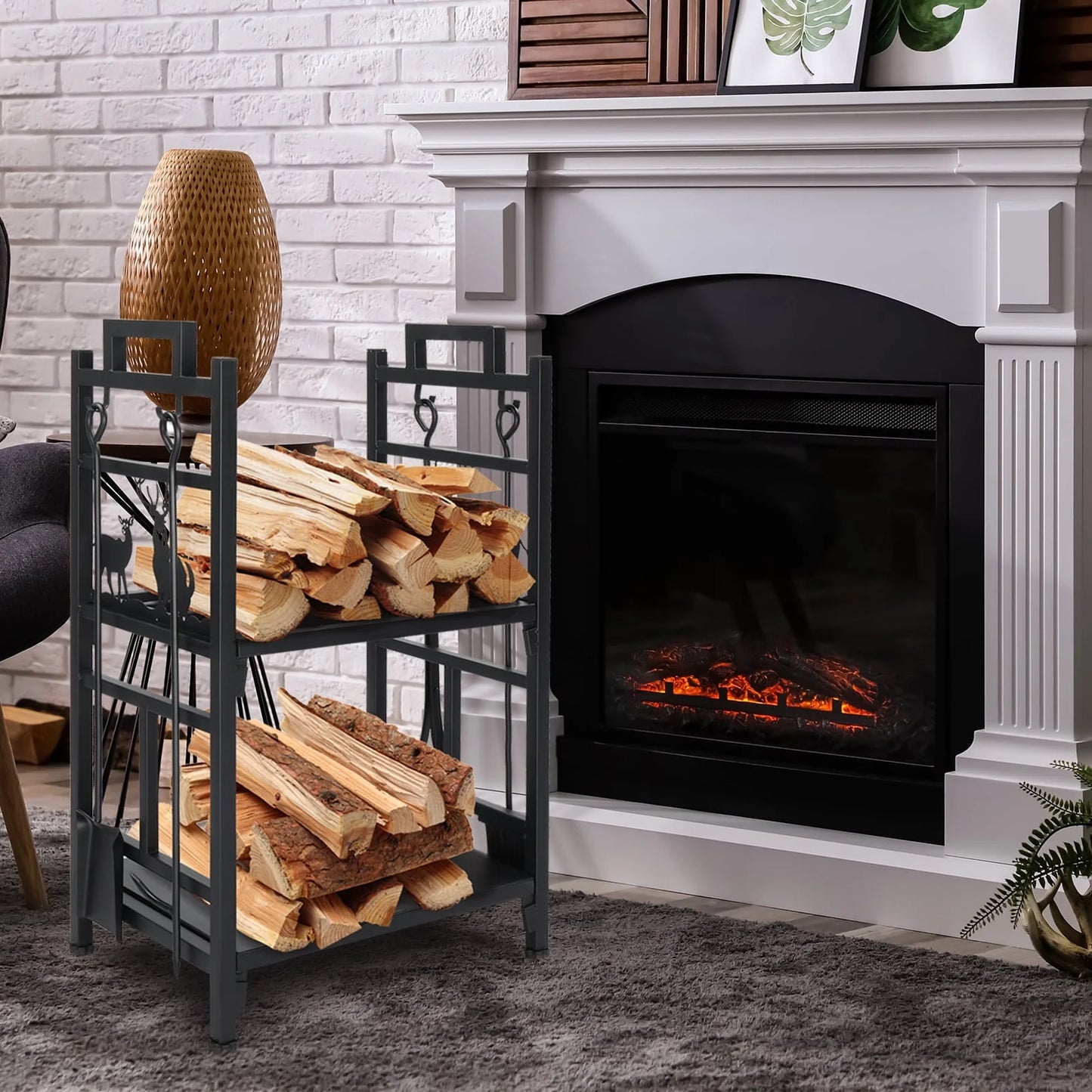 OverPatio Firewood Rack Fireplace Tool Rack Indoor Wood Holders Fireplace Tools Set Tongs Accessories