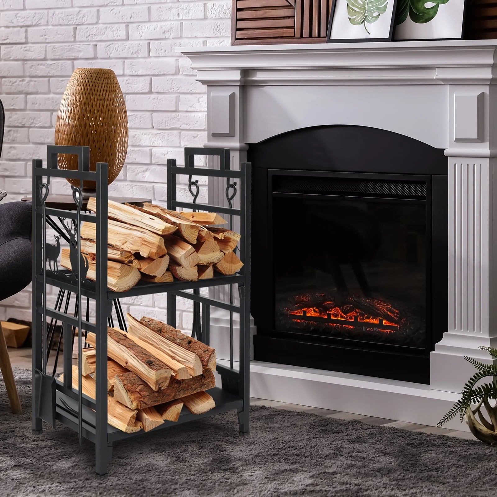 OverPatio Firewood Rack Fireplace Tool Rack Indoor Wood Holders Fireplace Tools Set Tongs Accessories