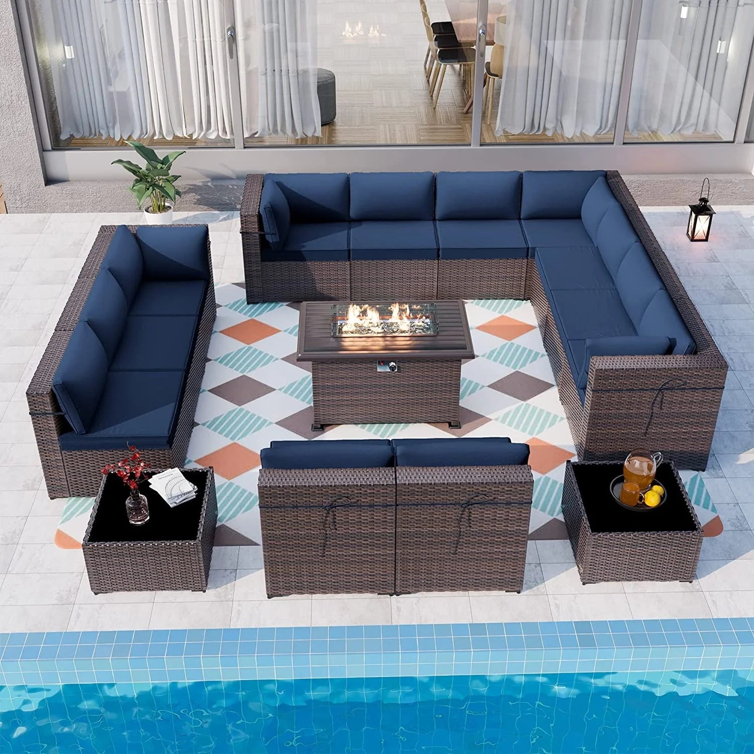 Gotland 15 Pieces Outdoor Patio Furniture Set with Propane Fire Pit Table Outdoor Sectional Sofa Sets Patio Furniture 43" Gas Fire Pit PE Rattan Patio Conversation Set (Navy Blue)