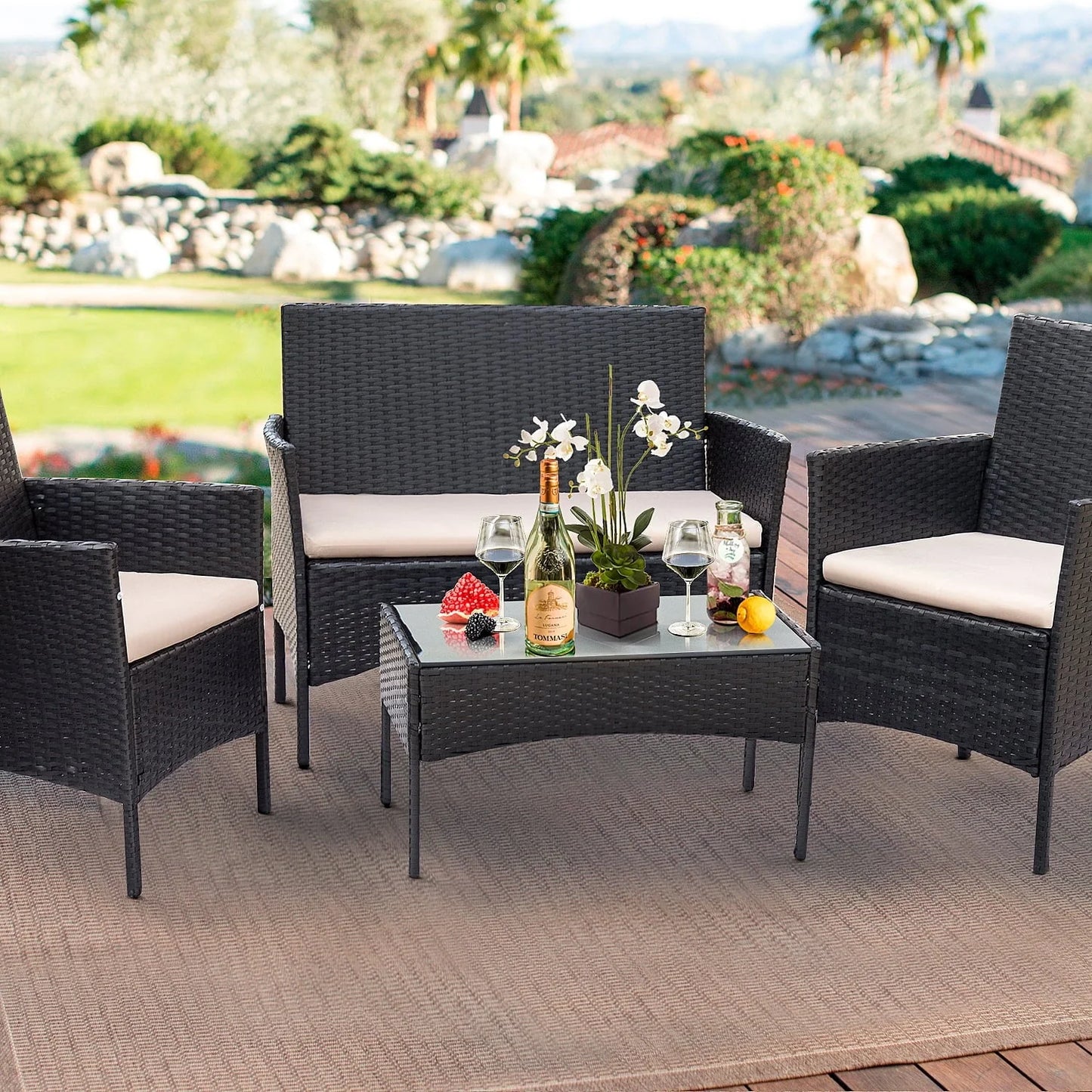 Lacoo 4 Piece Outdoor Patio Furniture PE Rattan Wicker Table and Chairs Set, Beige