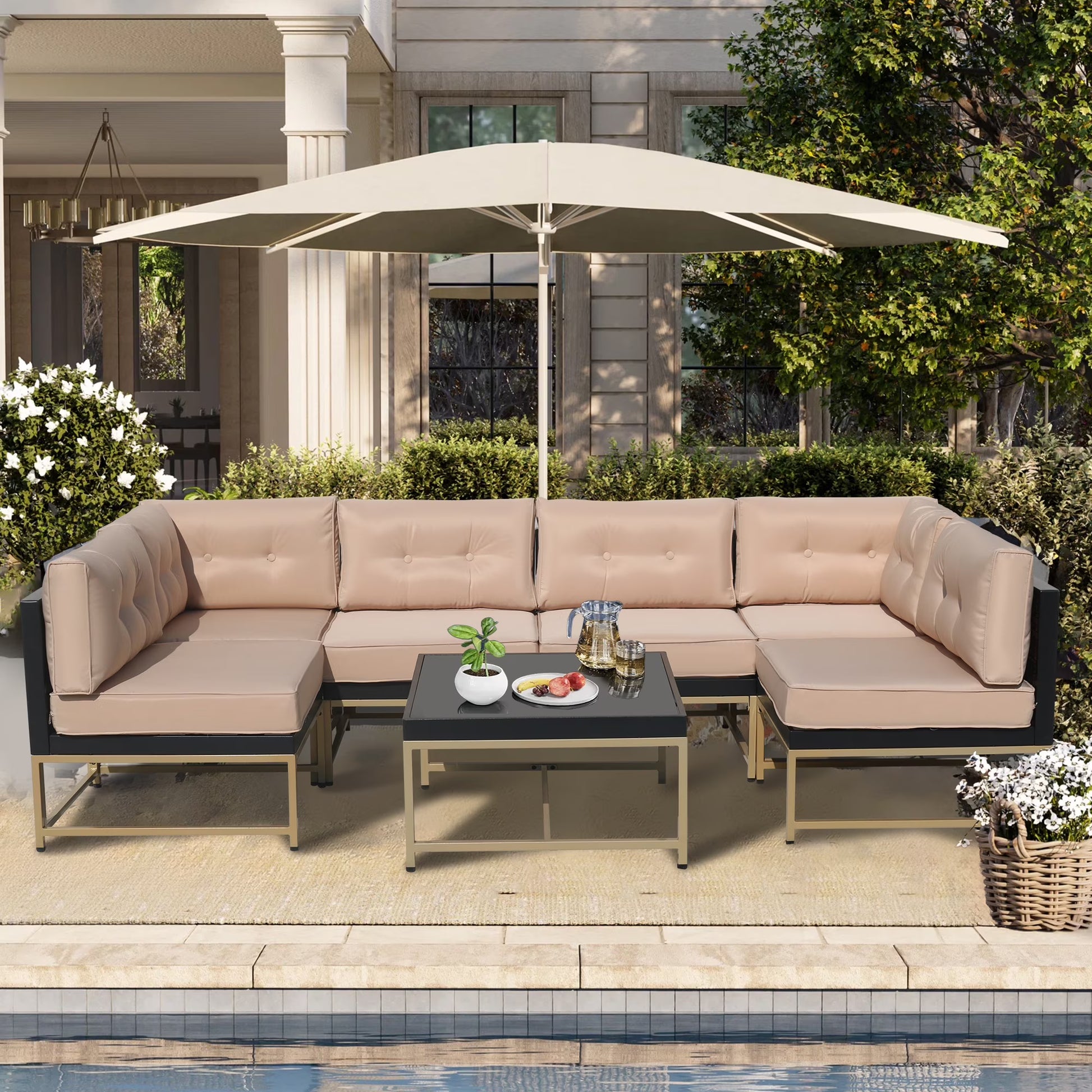 7 Pieces Patio Funiture Set, Outdoor Furniture Sectional Sofa Set,Manual Wicker Rattan Patio Conversation Set Heavy-duty Frame, with Cushions and Table, Gray