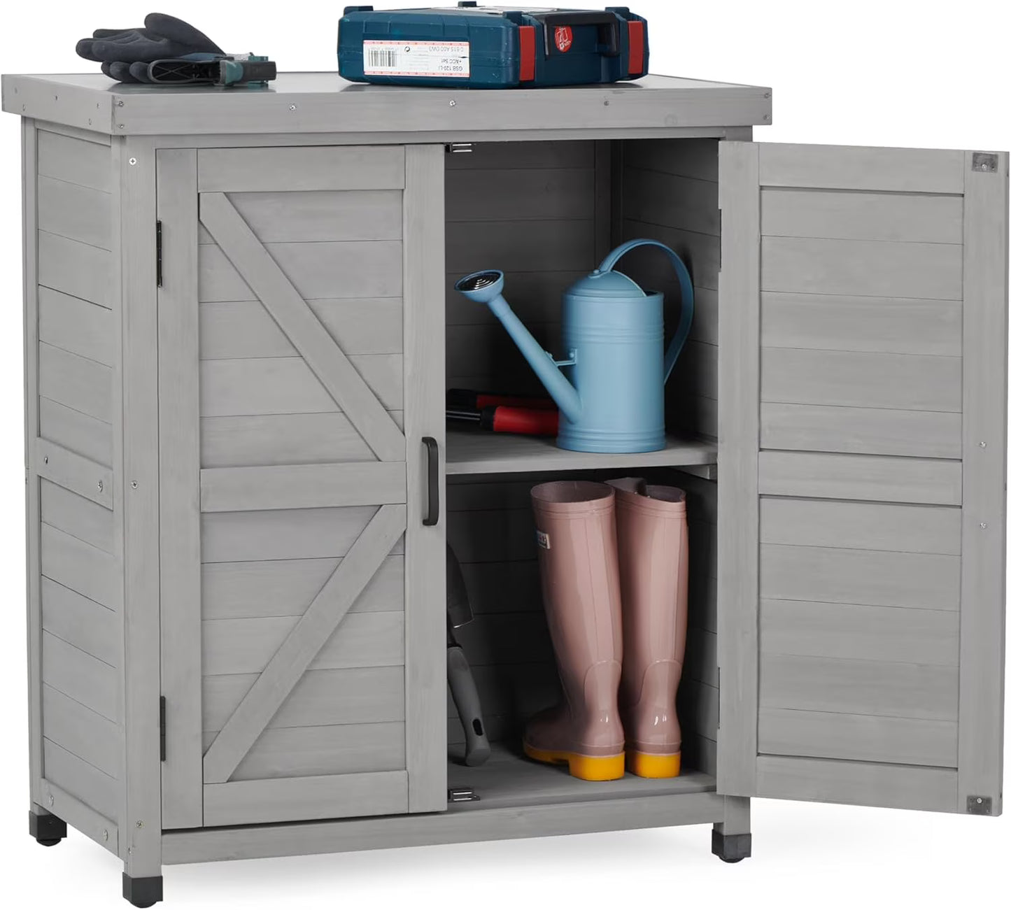 DEXS Potting Bench with Storage Cabinet and Metal Top, Wood Workstation for Outdoor Patio, Garden (31x17x36?)Coffee Brown