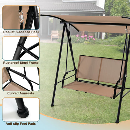 Costway 2-Seat Patio Swing Porch Swing with Adjustable Canopy for Garden Dark Beige