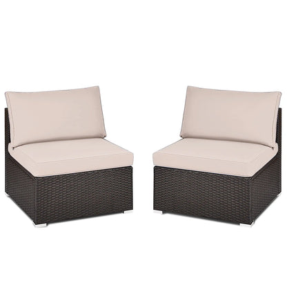 Costway 2PCS Patio Rattan Armless Sofa Sectional Furniture Brown Cushion