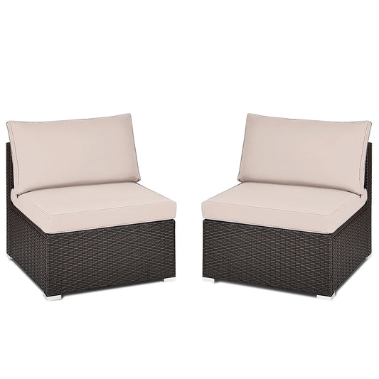 Costway 2PCS Patio Rattan Armless Sofa Sectional Furniture Brown Cushion