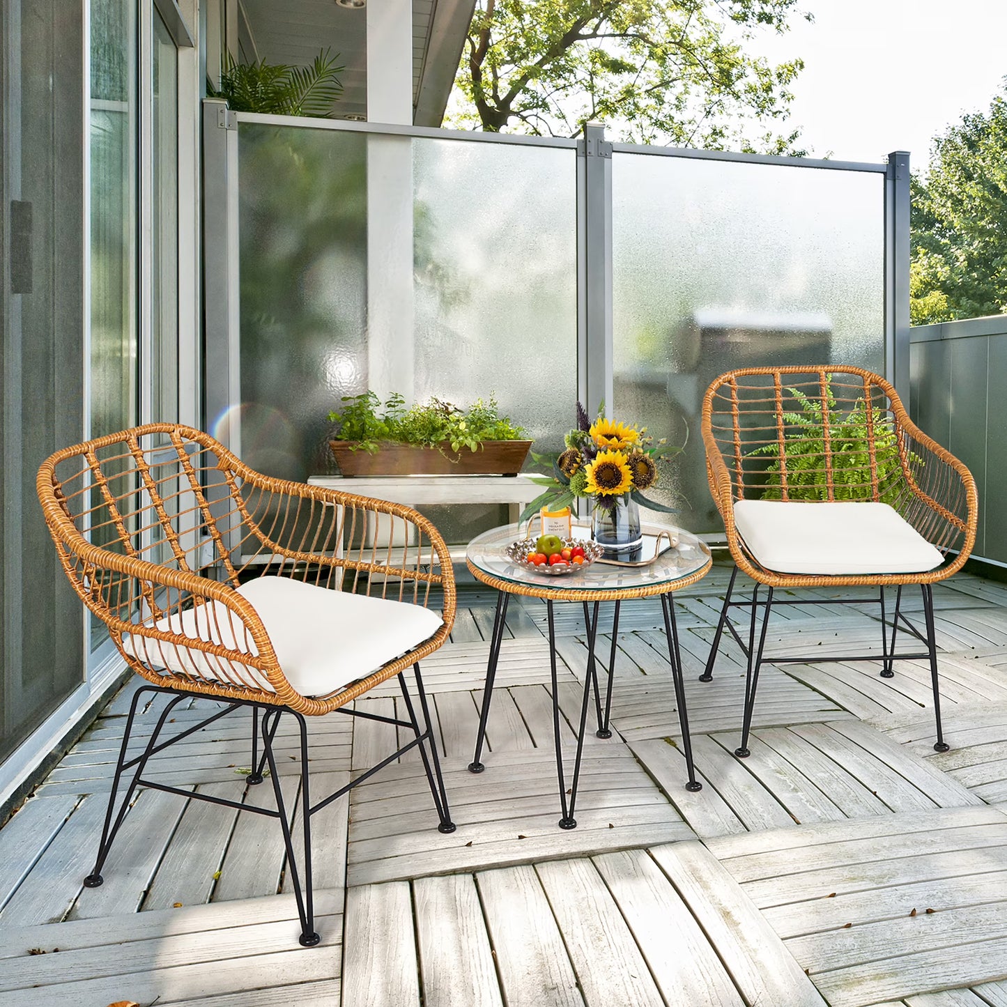 Costway 3PCS Patio Rattan Bistro Furniture Set Cushioned Chair Table Navy