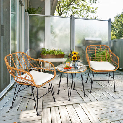 Costway 3PCS Patio Rattan Bistro Furniture Set Cushioned Chair Table Navy