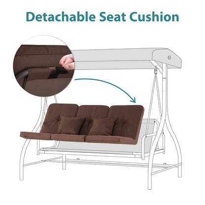 MCombo 3-Seat Outdoor Patio Swing Chair Cushioned with Adjustable Backrest and Canopy, Pillow, Brown