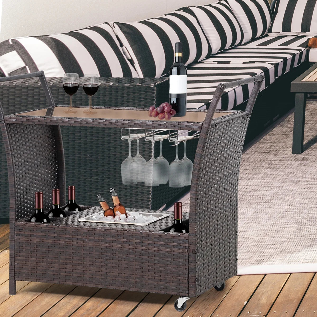 FHFO Outdoor Patio Wicker Bar, Rattan Counter Table with 2 Storage Shelves, 2 Steel Shelves for Backyard, Poolside, Garden