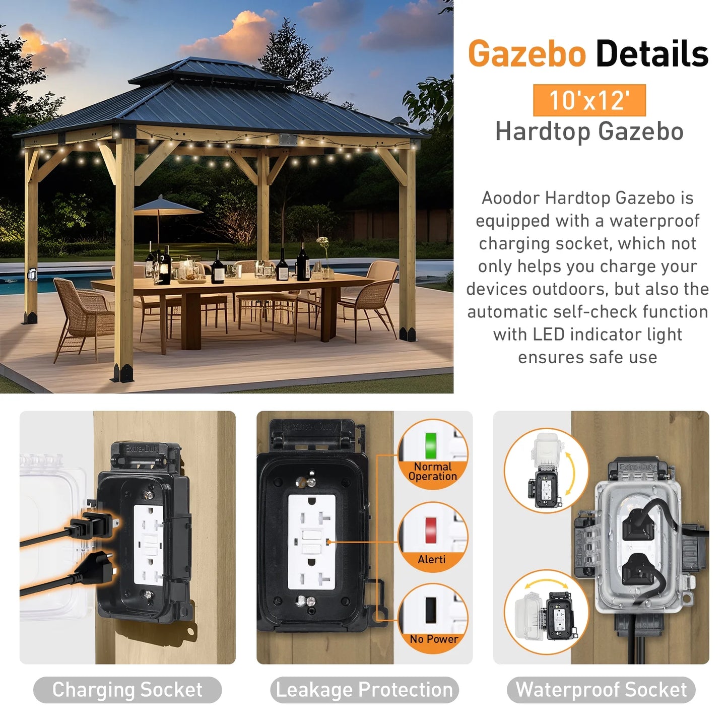 Aoodor 10 x 12 ft Wooden Frame Gazebo with 2-Tier Galvanized Metal Hardtop Roof, Outdoor Patio Gazebo with Charging Socket for Patio, Backyard, Deck, and Lawn