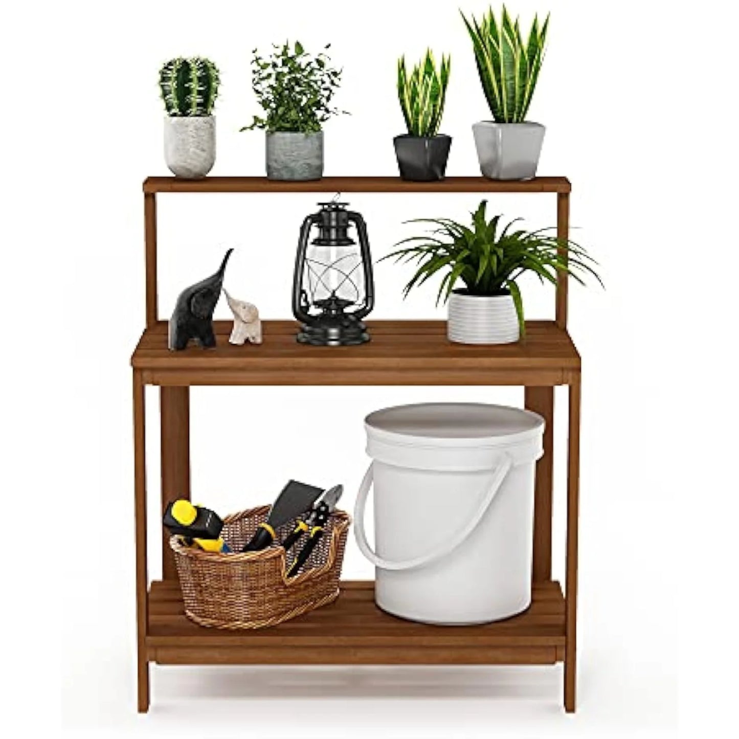 Outdoor Waterproof Hardwood Potting Bench - Durable Garden Storage Table for Patio, Natural Finish, 48x24in