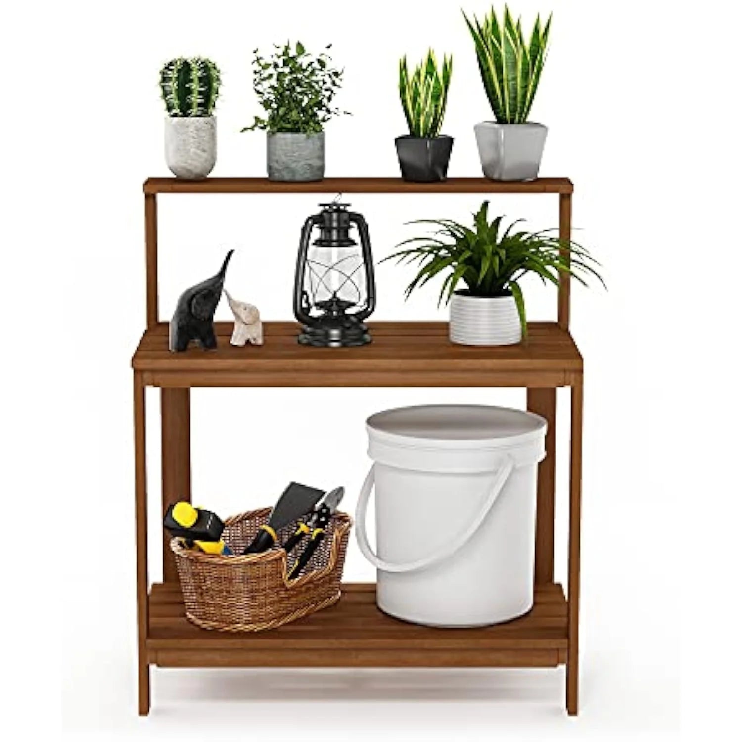 Outdoor Waterproof Hardwood Potting Bench - Durable Garden Storage Table for Patio, Natural Finish, 48x24in