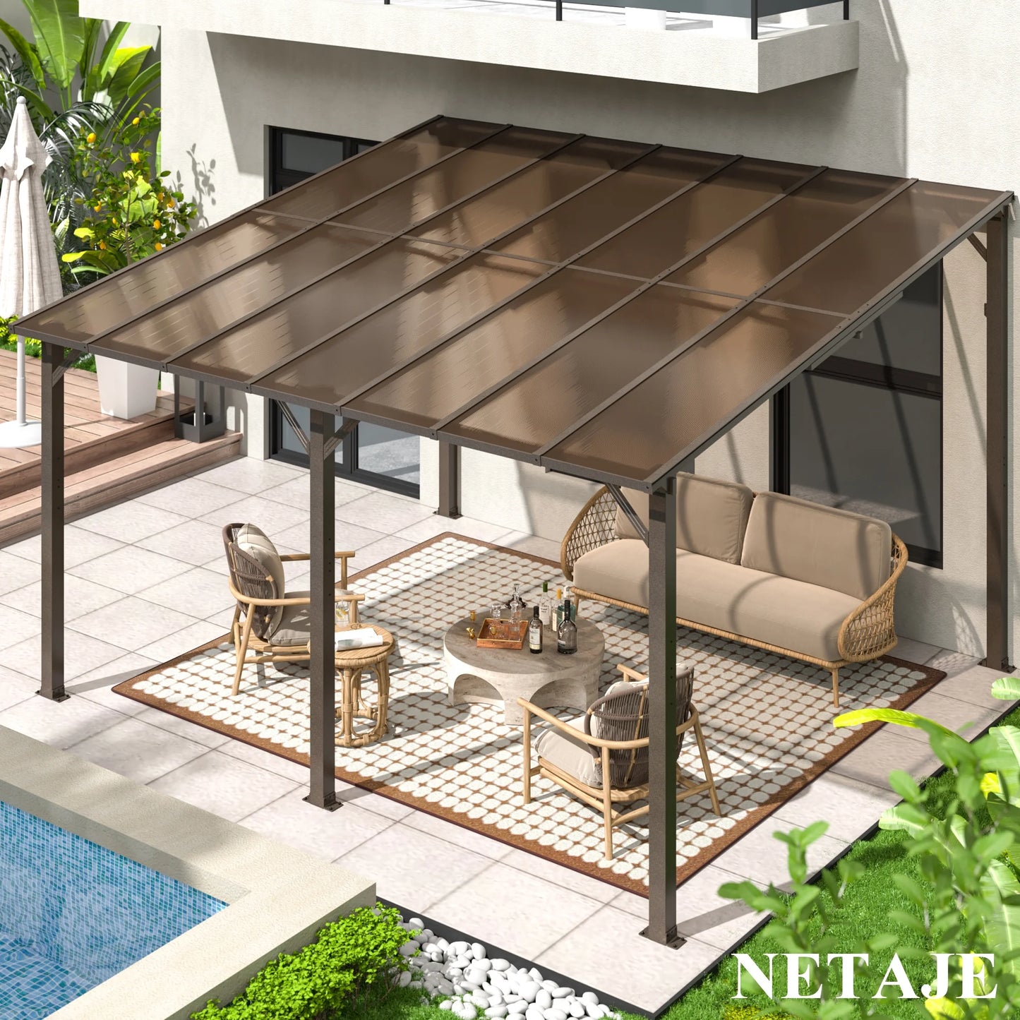 NETAJE 10'x14' Gazebo, Outdoor Wall Mounted Gazebo & Pergola with Aluminum Frame for Patio, Porch and Backyard