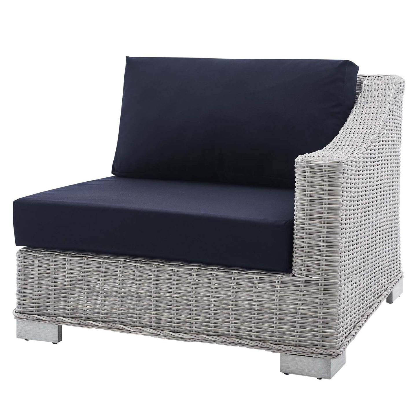 Lounge Sectional Sofa Chair Table Set, Rattan, Wicker, Light Grey Gray Blue Navy, Modern Contemporary Urban Design, Outdoor Patio Balcony Cafe Bistro Garden Furniture Hotel Hospitality